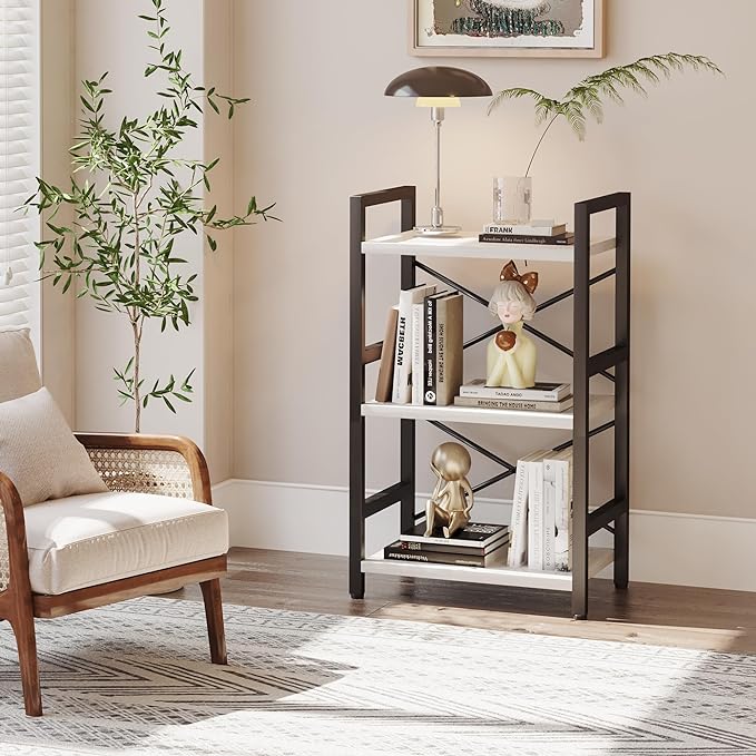 Bookshelf, 3 Tier Industrial Bookcase, Metal Small Bookcase, Rustic Etagere Book Shelf Storage Organizer for Living Room, Bedroom, and Home Office(White) Patent Pending D29873033 - LeafyLoom
