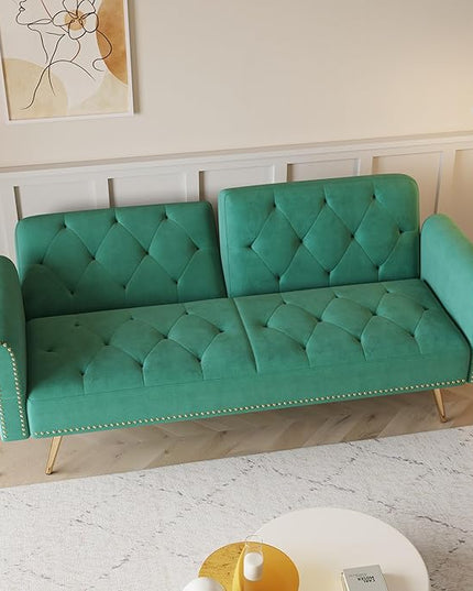 Button Tufted Upholstered Convertible Folding Sleeper Sofa Bed Futon Loveseat Couch Recliner Daybed with Adjustable and Nailhead Trim for Living Room, Bedroom, Green 69.7" - LeafyLoom