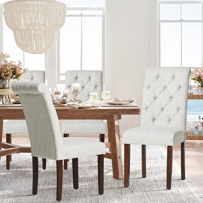 COLAMY Button Tufted Dining Chairs Set of 4, Parsons Upholstered Fabric Dining Room Chairs Kitchen Chairs with Wood Legs and Padded Seat, Honeycomb - LeafyLoom