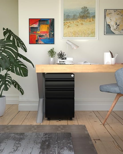 Mobile File Cabinet Under Desk, 3 Drawers Metal File Cabinet with Wheels, Rolling Filing Cabinets with Lock for Home Office Letter/Legal/A4 - LeafyLoom
