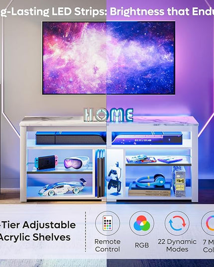 Bestier LED Tall Entertainment Center, 55 inch TV Stand for 55/60/65 inch TV, TV Console with Storage for PS5, Media TV Cabinet with Adjustable Shelf for Living Room, White Marble - LeafyLoom