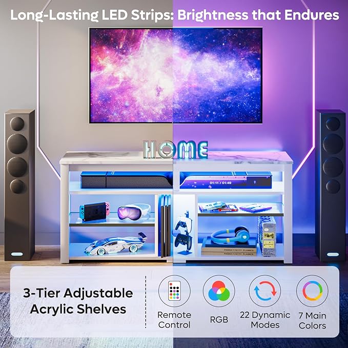 Bestier LED Tall Entertainment Center, 55 inch TV Stand for 55/60/65 inch TV, TV Console with Storage for PS5, Media TV Cabinet with Adjustable Shelf for Living Room, White Marble - LeafyLoom