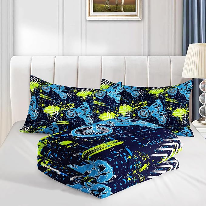 Axolotl Boys Dirt Bike Bedding Set Full,Dirt Bike Comforter Set,Extreme Sports Tie Dye Bedding Set Motor Biker,Motocross Rider Comforter Set for Boys Kids Teens Men,1 Quilt 2 Pillowcases,Blue Green - LeafyLoom
