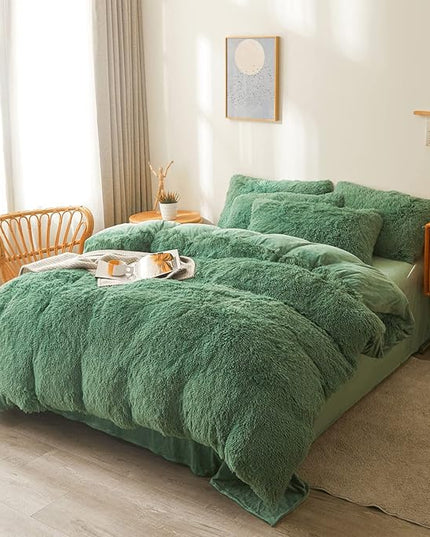 FOPPA Green Plush Comforter Cover Set Queen - Ultra Soft Faux Fur Green Bedding Sets 3 Pieces (1 Fluffy Duvet Cover + 2 Shaggy Pillow case) Fluffy Bed Set (Green, Queen) - LeafyLoom
