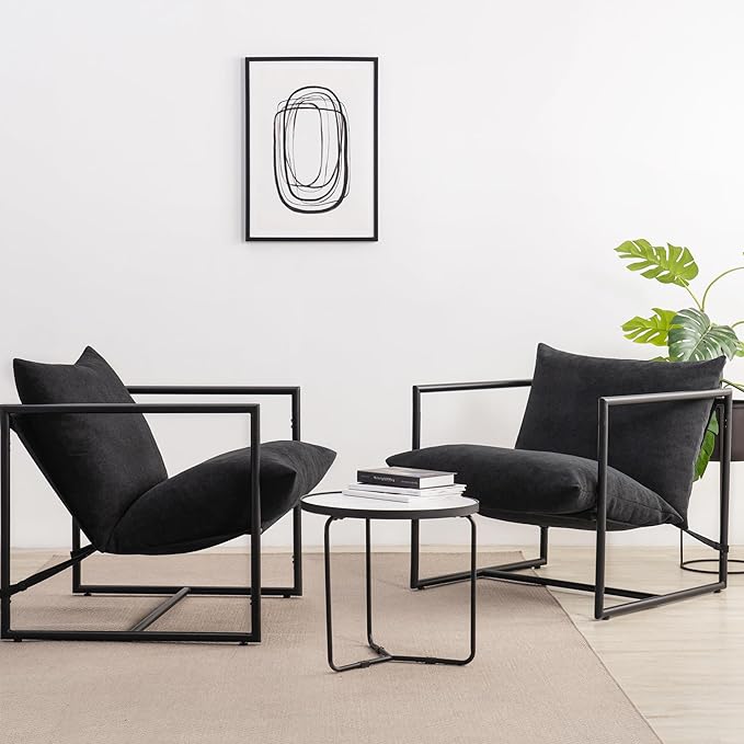 ZINUS Aidan Sling Accent Chair, Pack of 2, Metal Framed Armchair with Shredded Foam Cushioning, Black - LeafyLoom