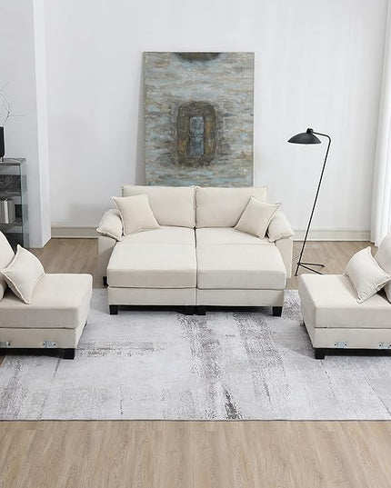 133" Corduroy 6 Seat Freely Combinable Sofa with Armrest Bags,U Shaped Indoor Solid Wood Sectional Couch w/Pillows,for Living Room,Bedroom,Apartment,Office,Lounges,Beige - LeafyLoom