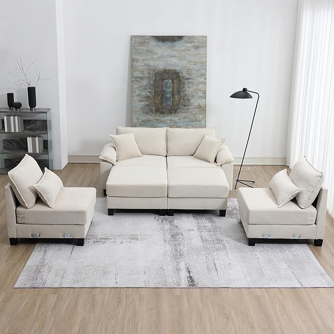 133" Corduroy 6 Seat Freely Combinable Sofa with Armrest Bags,U Shaped Indoor Solid Wood Sectional Couch w/Pillows,for Living Room,Bedroom,Apartment,Office,Lounges,Beige - LeafyLoom