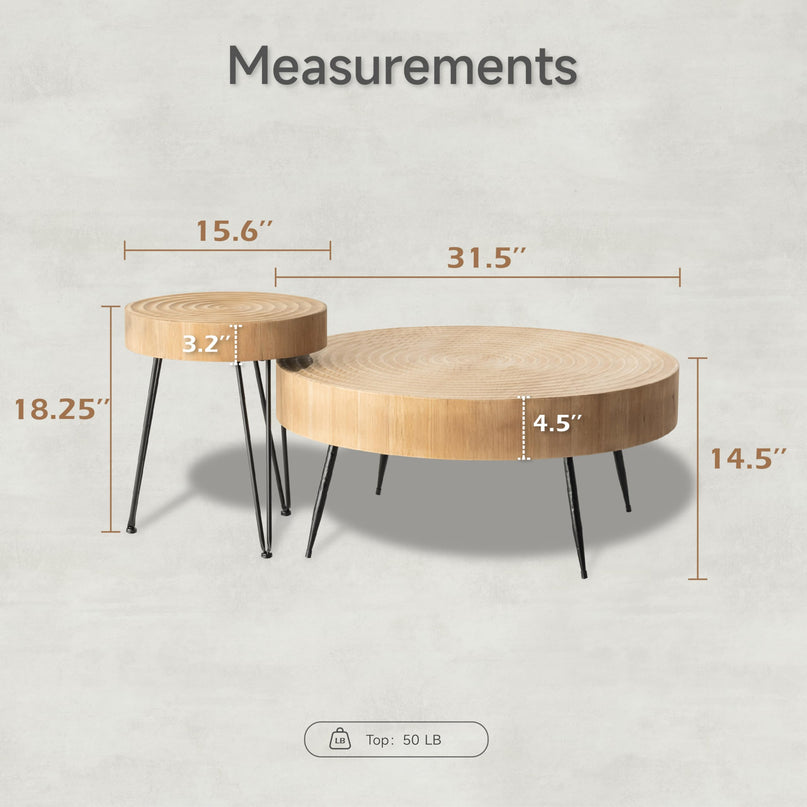 2-Piece Modern Farmhouse Living Room Coffee Table Set, Nesting Table Round Natural Finish with Handcrafted Wood Ring Motif, Wood Colour LeafyLoom