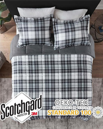 Madison Park Essentials Parkston Plaid Comforter, Matching Sham, 3M Scotchguard Stain Release Cover, Hypoallergenic All Season Bedding-Set, King/California King, Black, 3 Piece - LeafyLoom