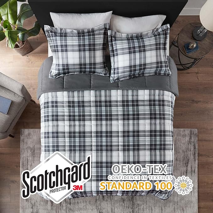 Madison Park Essentials Parkston Plaid Comforter, Matching Sham, 3M Scotchguard Stain Release Cover, Hypoallergenic All Season Bedding-Set, King/California King, Black, 3 Piece - LeafyLoom
