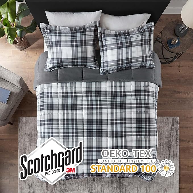 Madison Park Essentials Parkston Plaid Comforter, Matching Sham, 3M Scotchguard Stain Release Cover, Hypoallergenic All Season Bedding-Set, Full/Queen, Black, 3 Piece - LeafyLoom