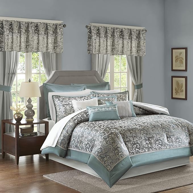Madison Park Essentials Brystol 24 Piece Room in a Bag Faux Silk Comforter Jacquard Paisley Design Matching Curtains Down Alternative Hypoallergenic All Season Bedding-Set, King (104 in x 92 in), Teal - LeafyLoom