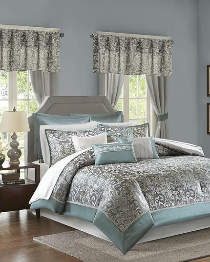 Madison Park 24 Piece Faux Silk Paisley Queen Comforter Set with Matching Curtains, Down Alternative Hypoallergenic - Teal - LeafyLoom