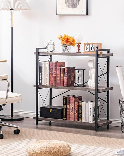 HCHQHS Bookshelf, 3-Tier Industrial Bookcase, Rustic Open Book Shelf, Freestanding Horizontal Bookshelves with Metal Frame - LeafyLoom