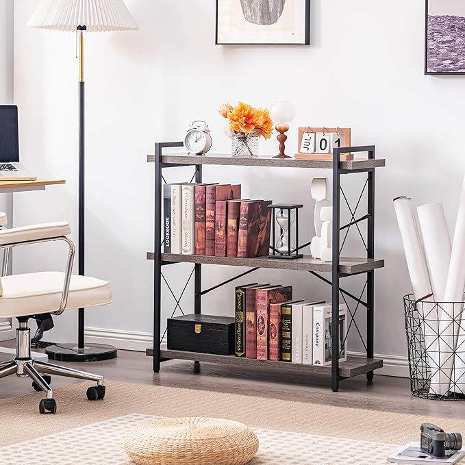 HCHQHS Bookshelf, 3-Tier Industrial Bookcase, Rustic Open Book Shelf, Freestanding Horizontal Bookshelves with Metal Frame - LeafyLoom