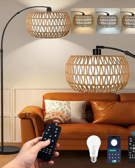 Arc Floor Lamp for Living Room, 3 Color Temperatures Farmhouse Standing Lamps with Remote & Dimmable Bulb, Rattan Boho Floor Lamp with Fabric Shades, Adjustable Tall Lamp for Bedroom Office - LeafyLoom