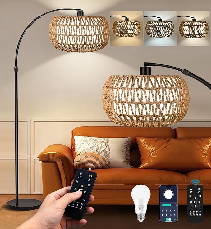 Arc Floor Lamp for Living Room, 3 Color Temperatures Farmhouse Standing Lamps with Remote & Dimmable Bulb, Rattan Boho Floor Lamp with Fabric Shades, Adjustable Tall Lamp for Bedroom Office - LeafyLoom