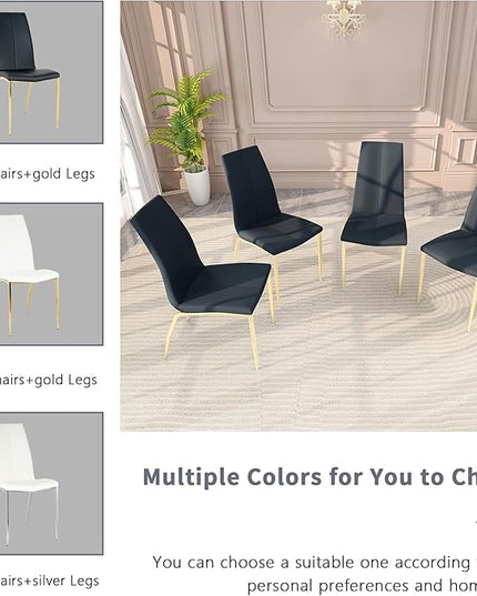 Modern Faux Leather Dining Chairs Set of 4, Padded Seat Dining Side Chairs, Upholstered Chair with Metal Legs for Kitchen, Living Room, Dining Room, Black Chairs+Gold Legs - LeafyLoom