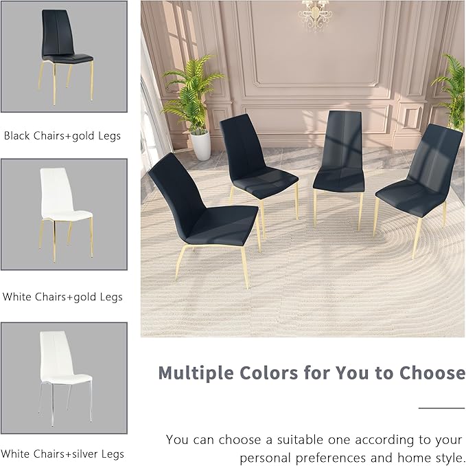 Modern Faux Leather Dining Chairs Set of 4, Padded Seat Dining Side Chairs, Upholstered Chair with Metal Legs for Kitchen, Living Room, Dining Room, Black Chairs+Gold Legs - LeafyLoom