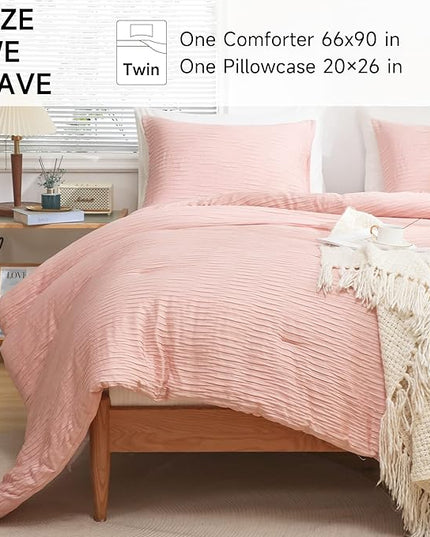 Blush Seersucker Comforter Set Twin Size (66x90 in), 2 Pieces Soft Crinkled Textured Comforter with 1 Pillowcase, Lightweight Microfiber Down Alternative Bedding Set for All Season - LeafyLoom
