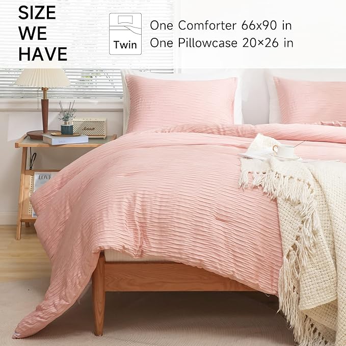Blush Seersucker Comforter Set Twin Size (66x90 in), 2 Pieces Soft Crinkled Textured Comforter with 1 Pillowcase, Lightweight Microfiber Down Alternative Bedding Set for All Season - LeafyLoom