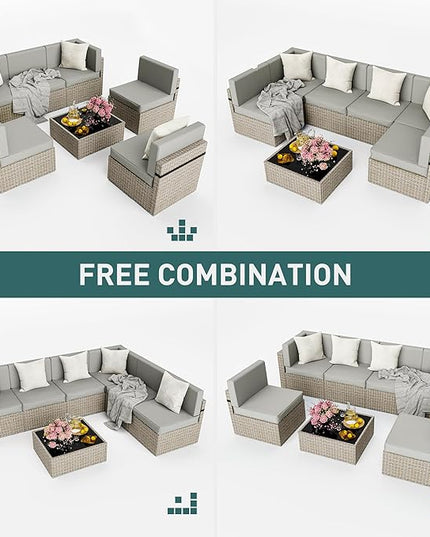 Pamapic Patio Furniture Set, 7 Pieces Modular Outdoor Sectional,Wicker Patio Sectional Sofa Conversation Set, Rattan Sofa with Coffee Table and Washable Cushions Covers, Grey Rattan(Grey Cushions) - LeafyLoom
