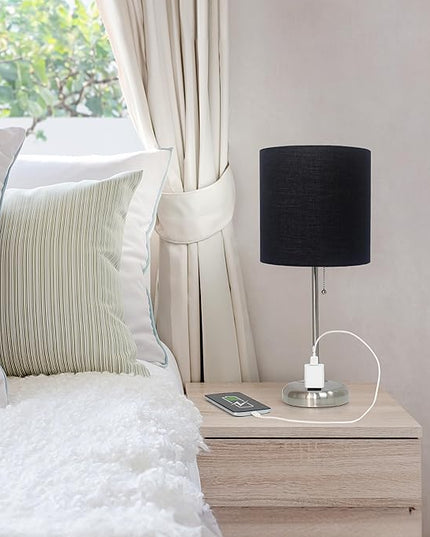 Simple Designs LT1144-BLK Sleek and Slender Brushed Steel Table Lamp with Charging Outlet, for Bedroom, Living Room, Entryway, Office, Dining Room, Study, Black Shade - LeafyLoom