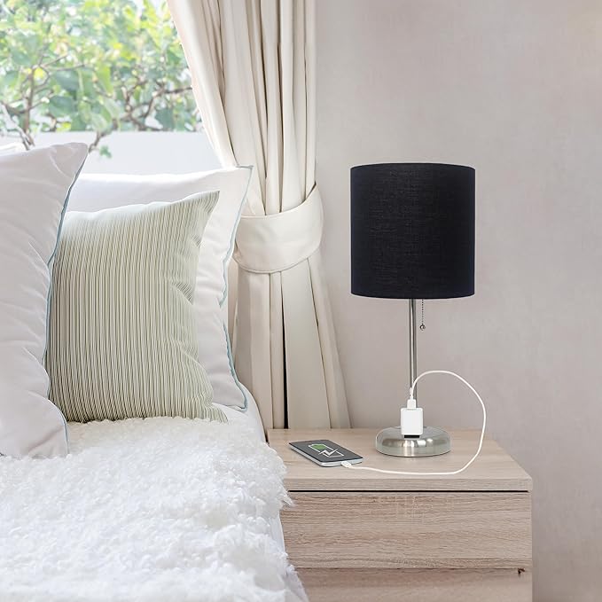 Simple Designs LT1144-BLK Sleek and Slender Brushed Steel Table Lamp with Charging Outlet, for Bedroom, Living Room, Entryway, Office, Dining Room, Study, Black Shade - LeafyLoom
