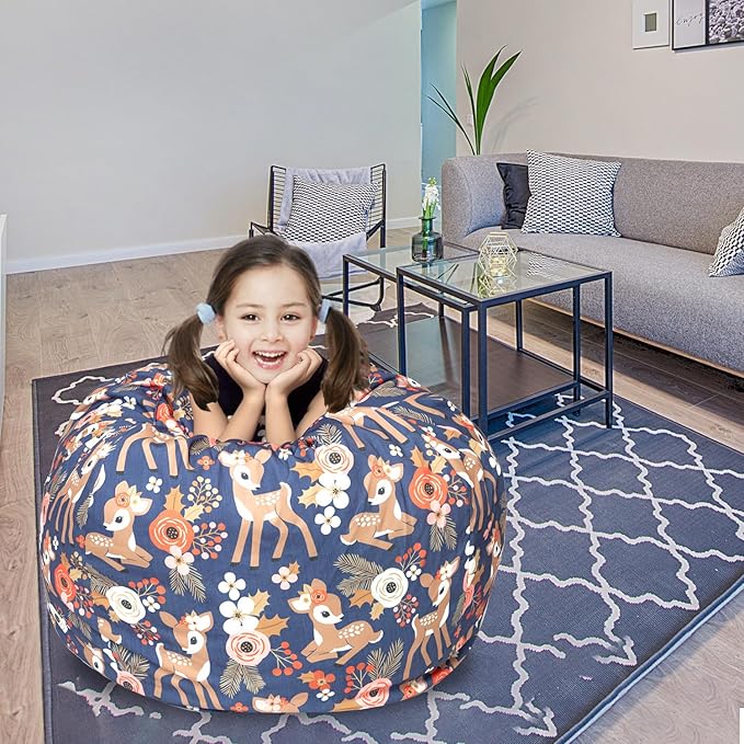Stuffed Animal Storage Bean Bag Chair Cover, Hold Kids Plush Toys Blankets Towels Beanbag (Cover Only), Canvas Floor Circle Stuff Sit Seat Sofa with YKK Zipper, Extra Large 38", Fawn - LeafyLoom