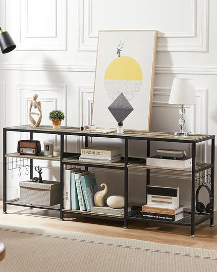 VECELO 55" TV Stand for 55/60/65 Inch Television, Entertainment Center with Storage Shelves & Hooks, 3-Tier Modern Wooden Console Table for Living, Bedroom and Gaming Room, 55 Inch, Oak Grey - LeafyLoom