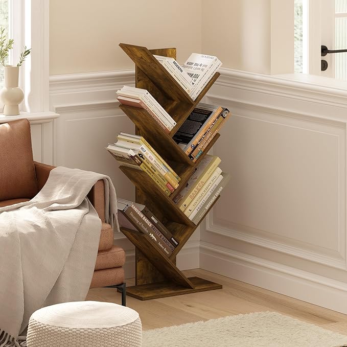 Furinno Tree Bookshelf 7-Tier Floor Standing Tree Bookcase, Amber Pine - LeafyLoom