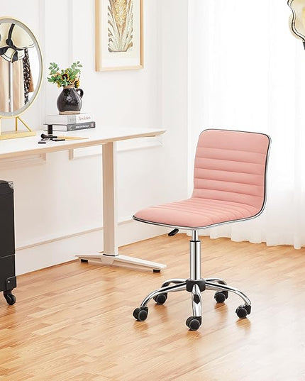 Yaheetech Velvet Low Back Vanity Chair Armless Ribbed Office Chair Swivel Task Chair Height Adjustable Chair Apricot Pink - LeafyLoom