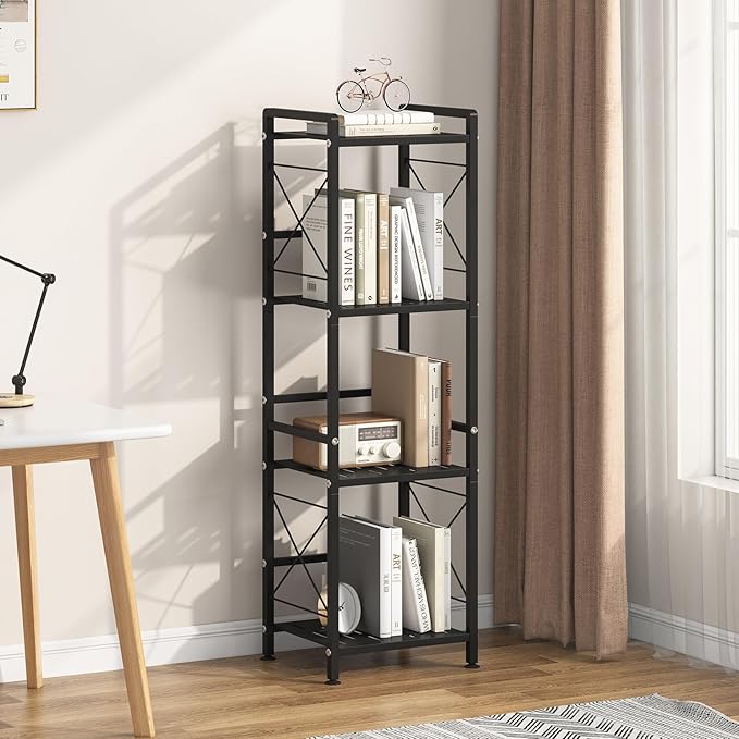 JSB 4 Tier Metal Bookshelf Bathroom Storage Standing Shelf Unit Kitchen Storage Organizer Display Rack Bookcases Shelves for Living Room, Bedroom, Office (Black, 4 Tier) - LeafyLoom