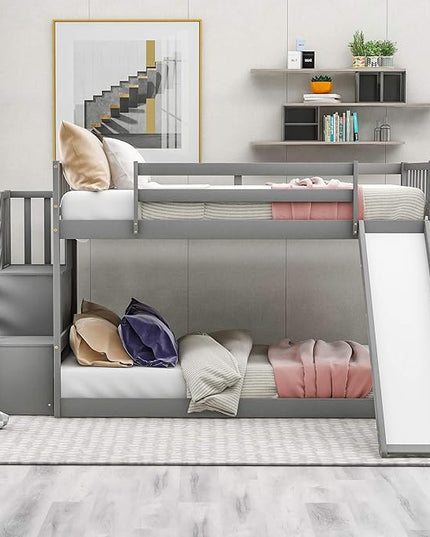 Twin Bunk Bed with Convertible Slide and Stairs, Wooden Low BunkBed Frame for Kids Teens Bedroom, Dorm, Gray - LeafyLoom