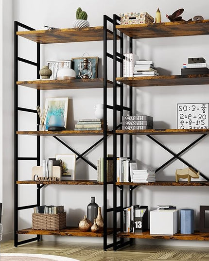 Shintenchi 2 Pieces 5 Tiers Bookshelf, Classically Tall Bookcase Shelf, Industrial Book Rack, Modern Book Holder in Bedroom/Living Room/Home/Office, Storage Rack Shelves for Books/Movies Brown - LeafyLoom