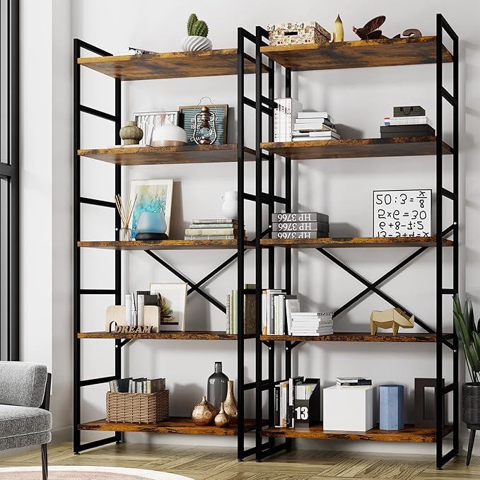 Shintenchi 5 Tiers Bookshelf, Classically Tall Bookcase Shelf, Industrial Book Rack, Modern Book Holder in Bedroom/Living Room/Home/Office, Storage Rack Shelves for Book, Brown - LeafyLoom