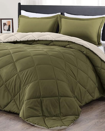 downluxe Queen Comforter Set, Lightweight Solid Down Alternative Reversible, 3-Piece Queen Size Comforter Set with 2 Reversible Pillow Shams (Olive Green/Ivory) - LeafyLoom