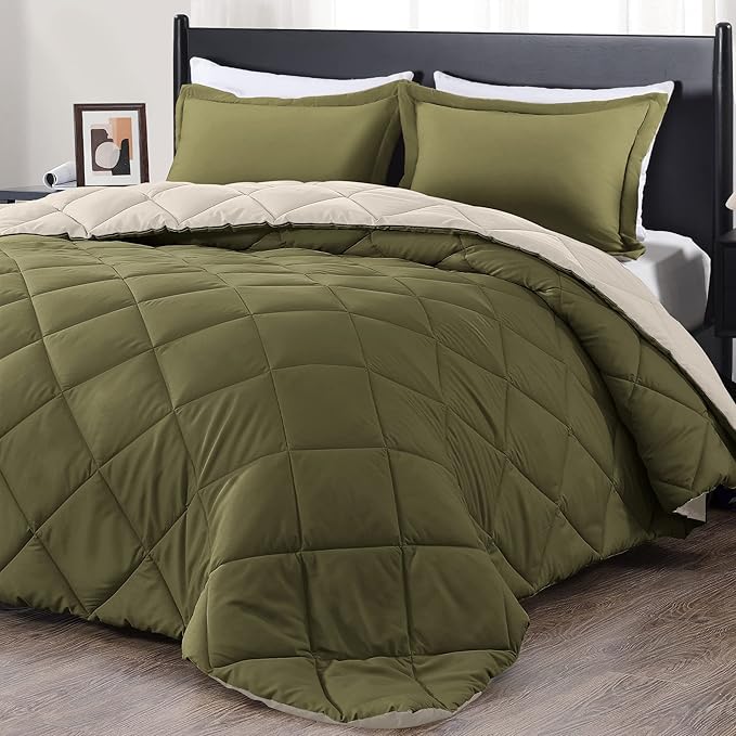 downluxe Queen Comforter Set, Lightweight Solid Down Alternative Reversible, 3-Piece Queen Size Comforter Set with 2 Reversible Pillow Shams (Olive Green/Ivory) - LeafyLoom