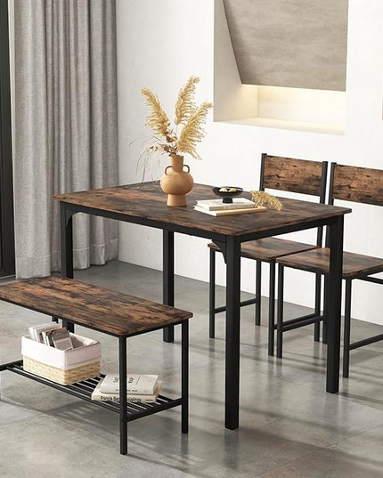 Dining Table Set for 4, Dinette Set w/Bench & Chairs, 2-Person Kitchen Table and Chairs w/Metal Frame & Storage Rack, Space-Saving Kitchen Table w/Bench for Apartment (Rustic Brown), Small - LeafyLoom