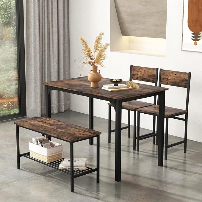 Dining Table Set for 4, Dinette Set w/Bench & Chairs, 2-Person Kitchen Table and Chairs w/Metal Frame & Storage Rack, Space-Saving Kitchen Table w/Bench for Apartment (Rustic Brown), Small - LeafyLoom