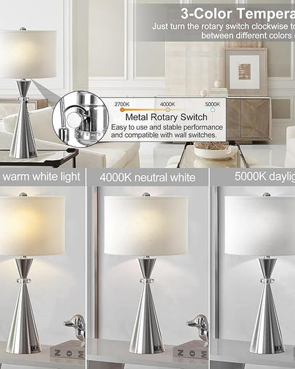 Table Lamps Set of 2, 3-Color Temperature Dimmable Modern Metal Bedside Lamps with 2 USB Ports, 26.5" Large Lamps Nightstand Lamp with White Fabric Shade for Living Room Bedrooms Decorations - LeafyLoom