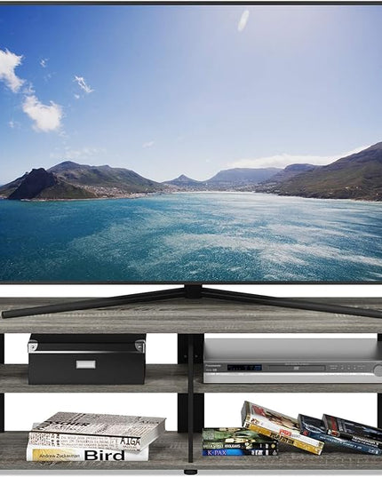 FURINNO Nelly Entertainment Center TV Stand, Short 43.3"(W) x13.4(H) x13.1(D), French Oak Grey/Black - LeafyLoom