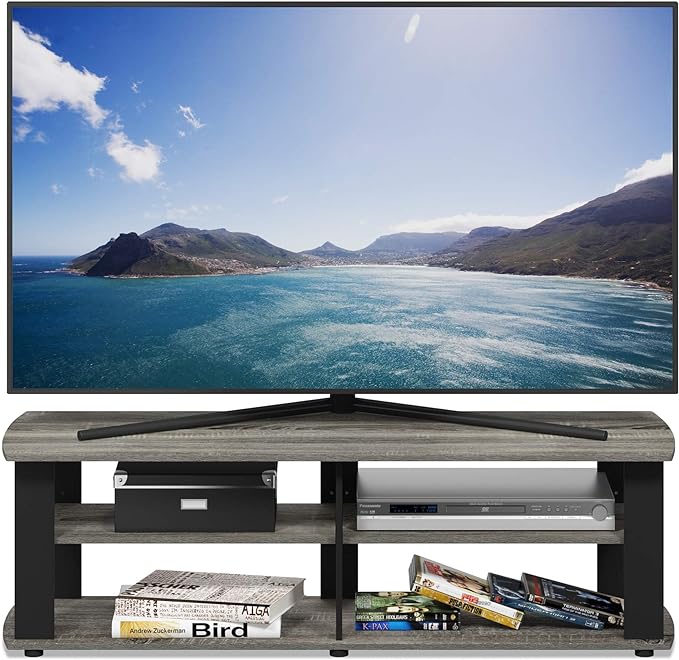 FURINNO Nelly Entertainment Center TV Stand, Short 43.3"(W) x13.4(H) x13.1(D), French Oak Grey/Black - LeafyLoom