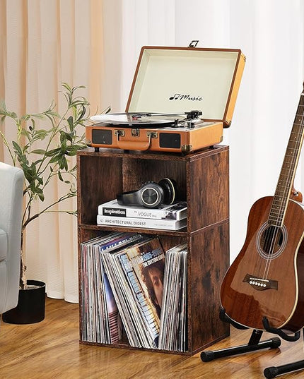 LEYAOYAO 2 Cube Bookshelf,Brown Record Player Stand Holds up to 100 Albums, Mini Wood Book Shelf Storage Organizer,Turntable Stand with Vinyl Storage Cabinet, Narrow Open Bookcase for Small Spaces - LeafyLoom