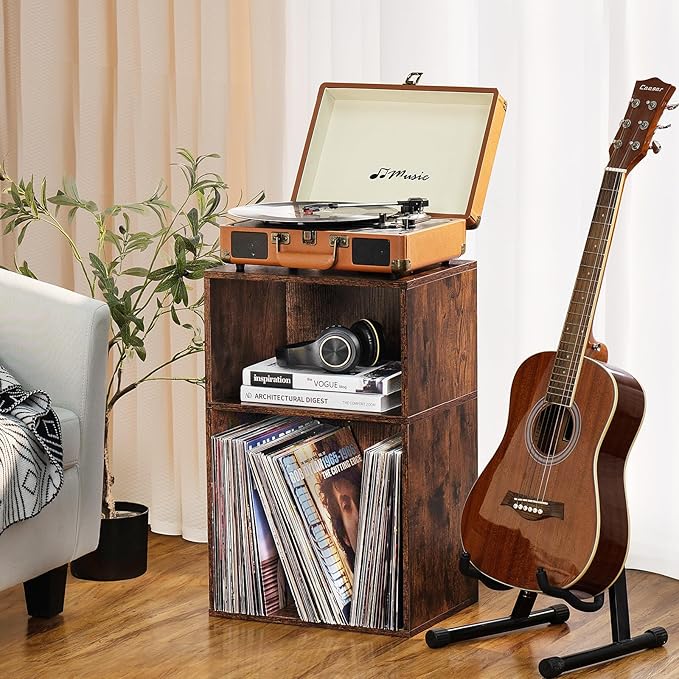 LEYAOYAO 2 Cube Bookshelf,Brown Record Player Stand Holds up to 100 Albums, Mini Wood Book Shelf Storage Organizer,Turntable Stand with Vinyl Storage Cabinet, Narrow Open Bookcase for Small Spaces - LeafyLoom