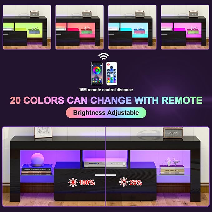 Clikuutory Black LED TV Stand with Large Storage Drawer for 32 40 50 55 Inch TVs, Modern High gloss TV Console Table with Entertainment Center for Living Room, Bedroom, Black - LeafyLoom