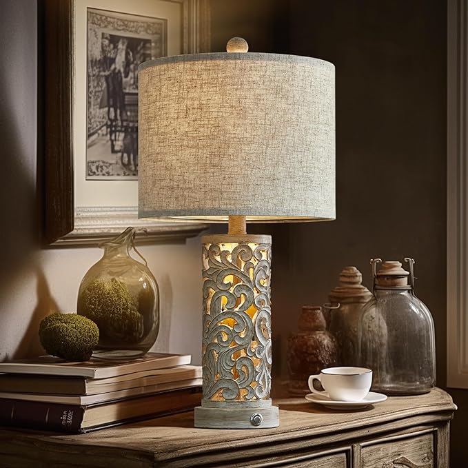 OYEARS 3-Way Dimmable 22'' USB A+C Touch Control Table Lamp with Nightlight for Living Room Bedroom Farmhouse Bedside Nightstand Lamps (Bulb Included) - LeafyLoom