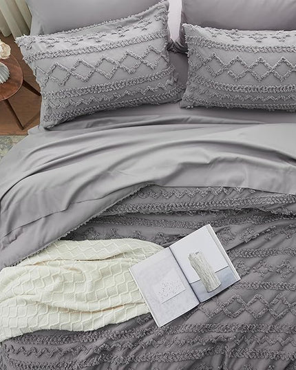 Anluoer Queen Comforter Set 7 Pieces, Grey Tufted Bed in a Bag with comforters and sheets, All Season Bedding Sets with 1 Comforter, 2 PillowShams, 2 Pillowcases, 1 Flat Sheet, 1 Fitted Sheet - LeafyLoom