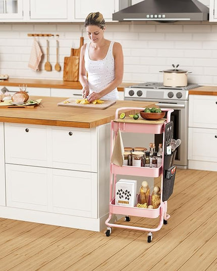 DTK 3 Tier Metal Utility Rolling Cart with Table Top and Side Bags, Metal Tray Storage Organizer Cart with Wheels, Art Craft Cart with 4 Hooks for Kitchen Bathroom Office Living Room (Pink) - LeafyLoom