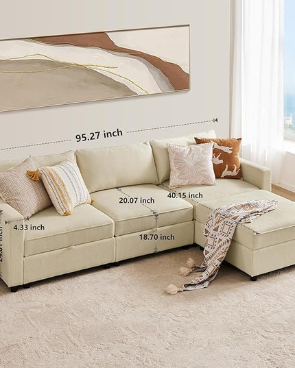 Sweetcrispy Convertible Sectional Sofa Couch, 4 Seat Sofa Set with Storage for Living Room, L-Shaped Modern Modular Sofa Sleeper with Ottoman, Comfy Sofa Couch with Extra Deep Seats, Beige - LeafyLoom